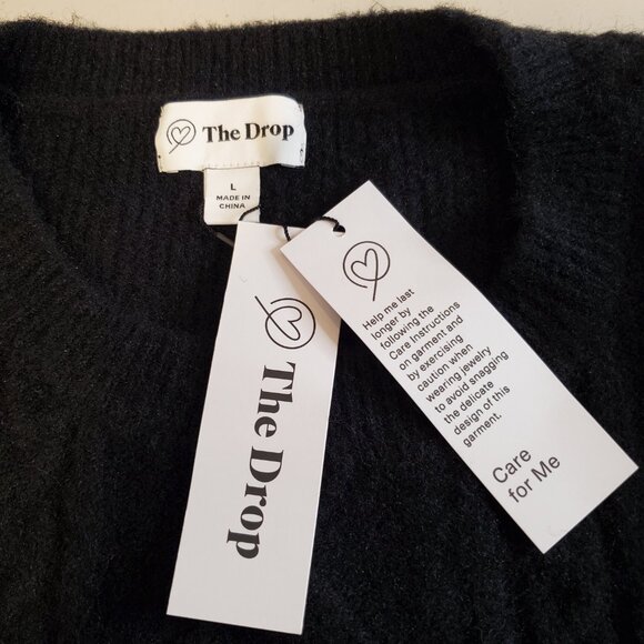 NWT THE DROP SZ L Women's Gloria Puff Sleeve Cable-Knit Sweater in Black - Picture 4 of 11